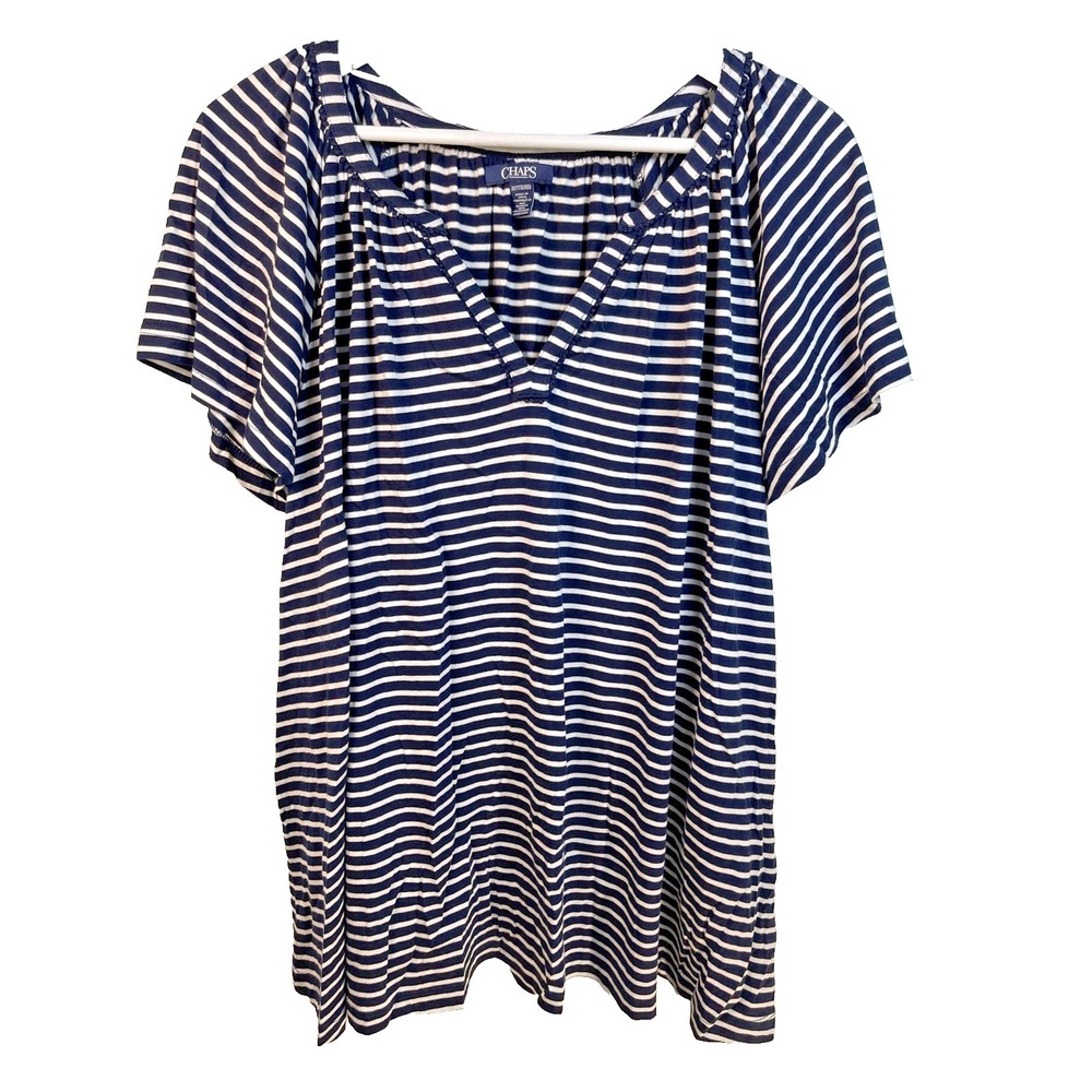 Women's CHAPS Navy Blue & White Striped Soft V Neck Top‎ Size 3X New With Tags